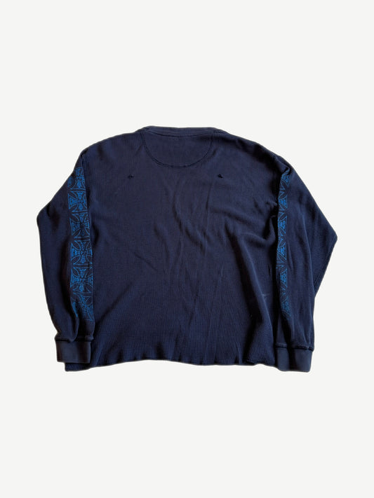 Vintage West Coast Choppers navy waffle thermal longsleeve back view with blue patterned tape down sleeves