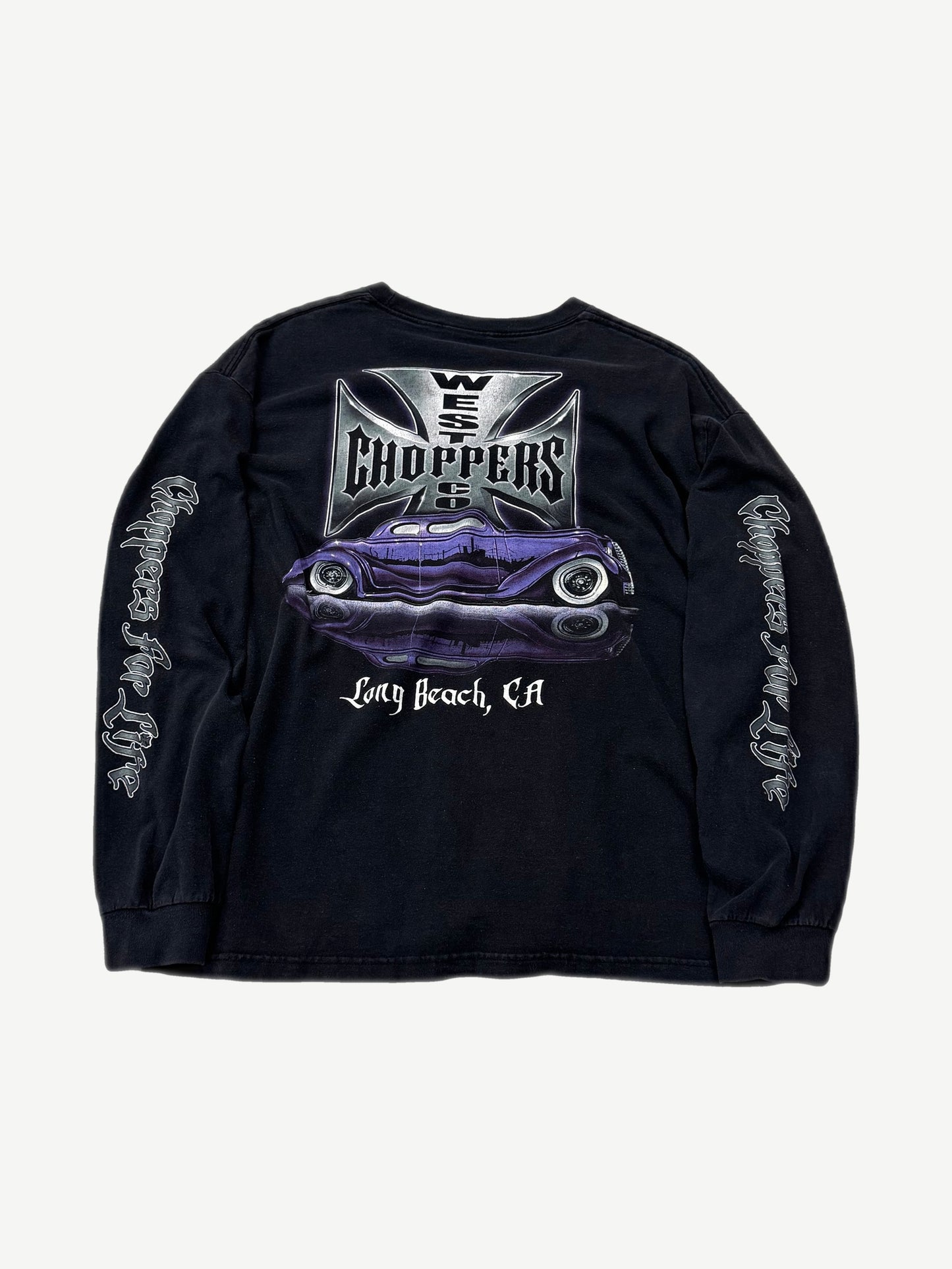 Vintage West Coast Choppers black longsleeve back with purple lowrider car graphic and Long Beach CA text