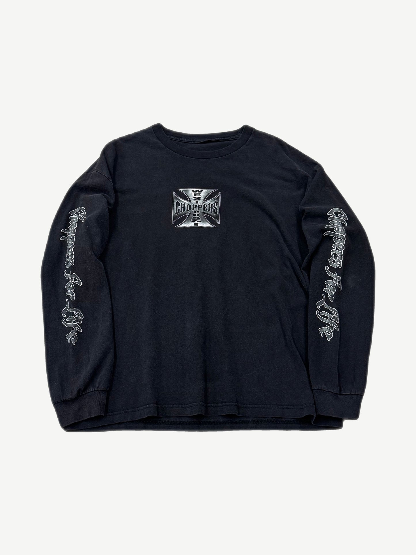 Vintage West Coast Choppers black longsleeve front with chrome iron cross logo and Choppers For Life sleeves