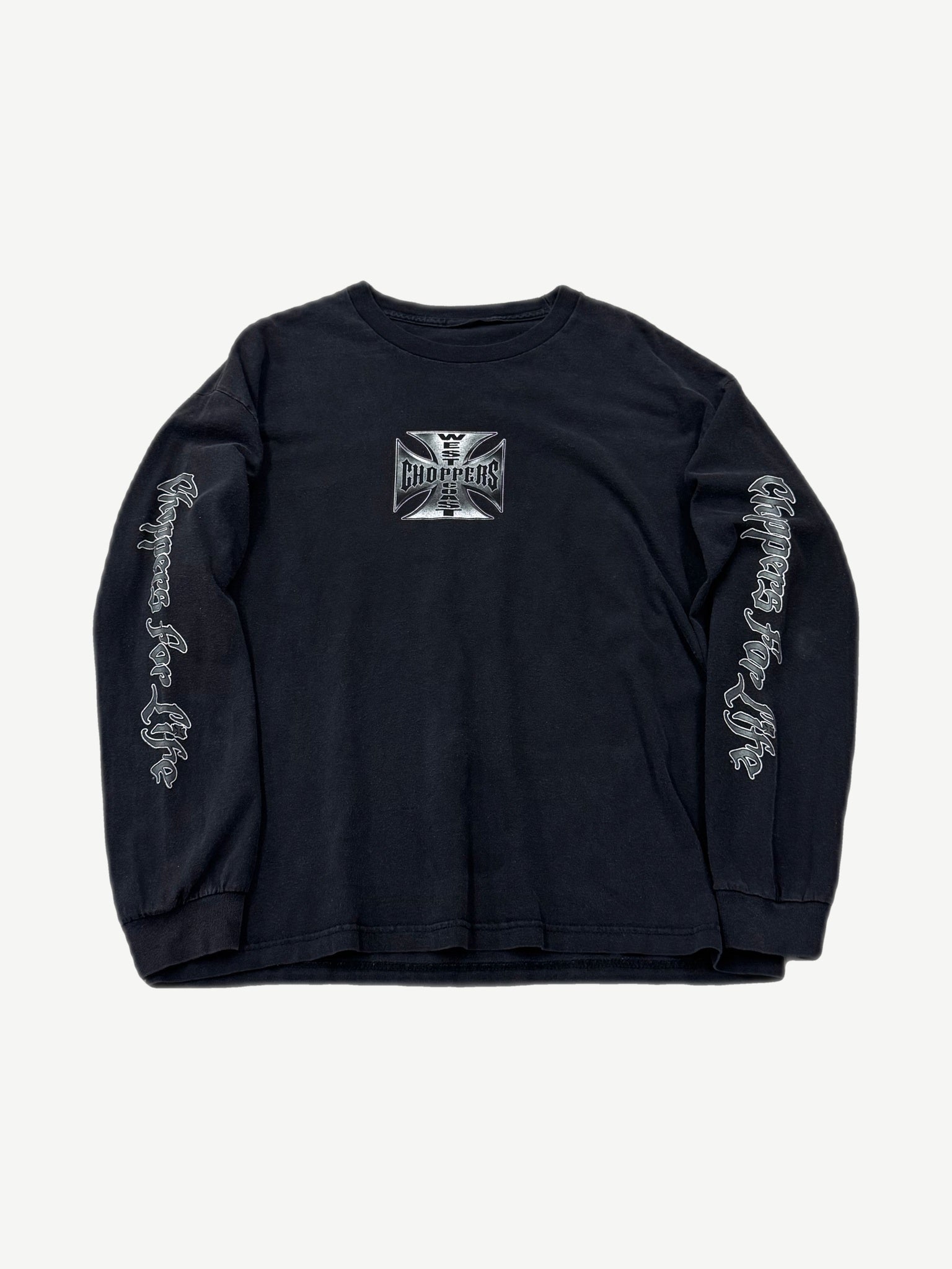 Vintage West Coast Choppers black longsleeve front with chrome iron cross logo and Choppers For Life sleeves