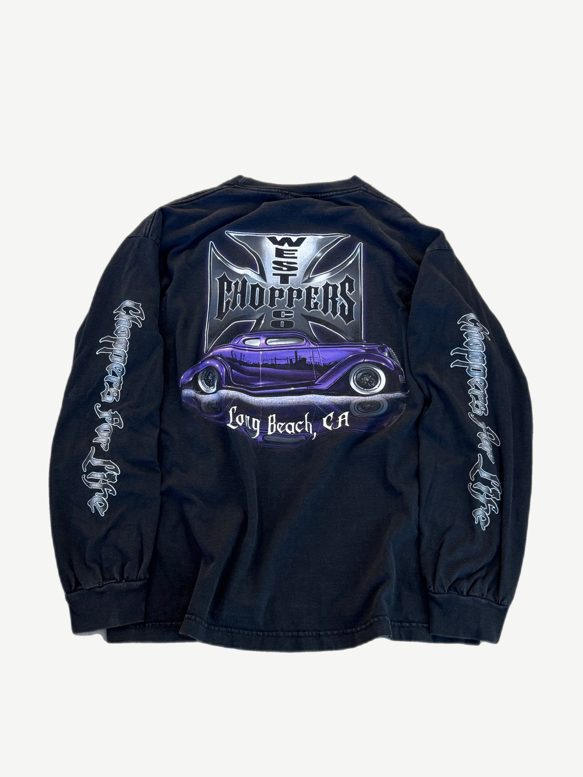 West Coast Choppers black longsleeve back with purple lowrider hot rod print and Long Beach text.