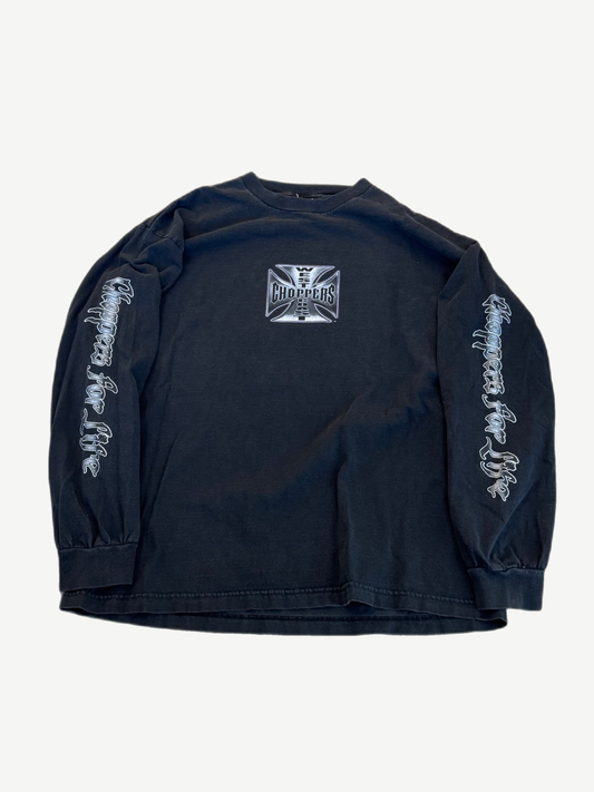 Vintage West Coast Choppers black longsleeve front with iron cross logo and Choppers For Life sleeves.