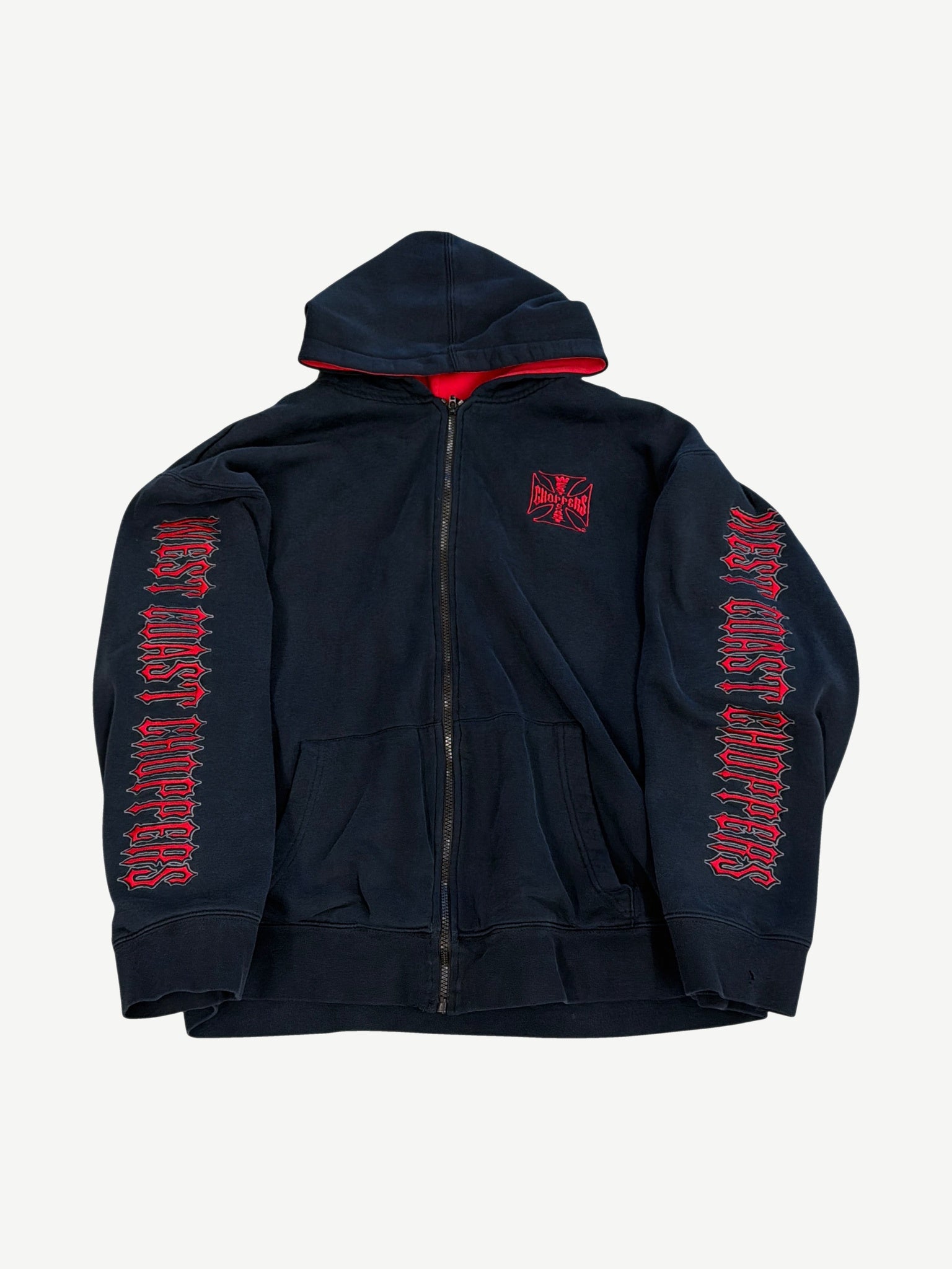 Vintage West Coast Choppers thermal lined zipup in black with red iron cross logo and gothic sleeve text