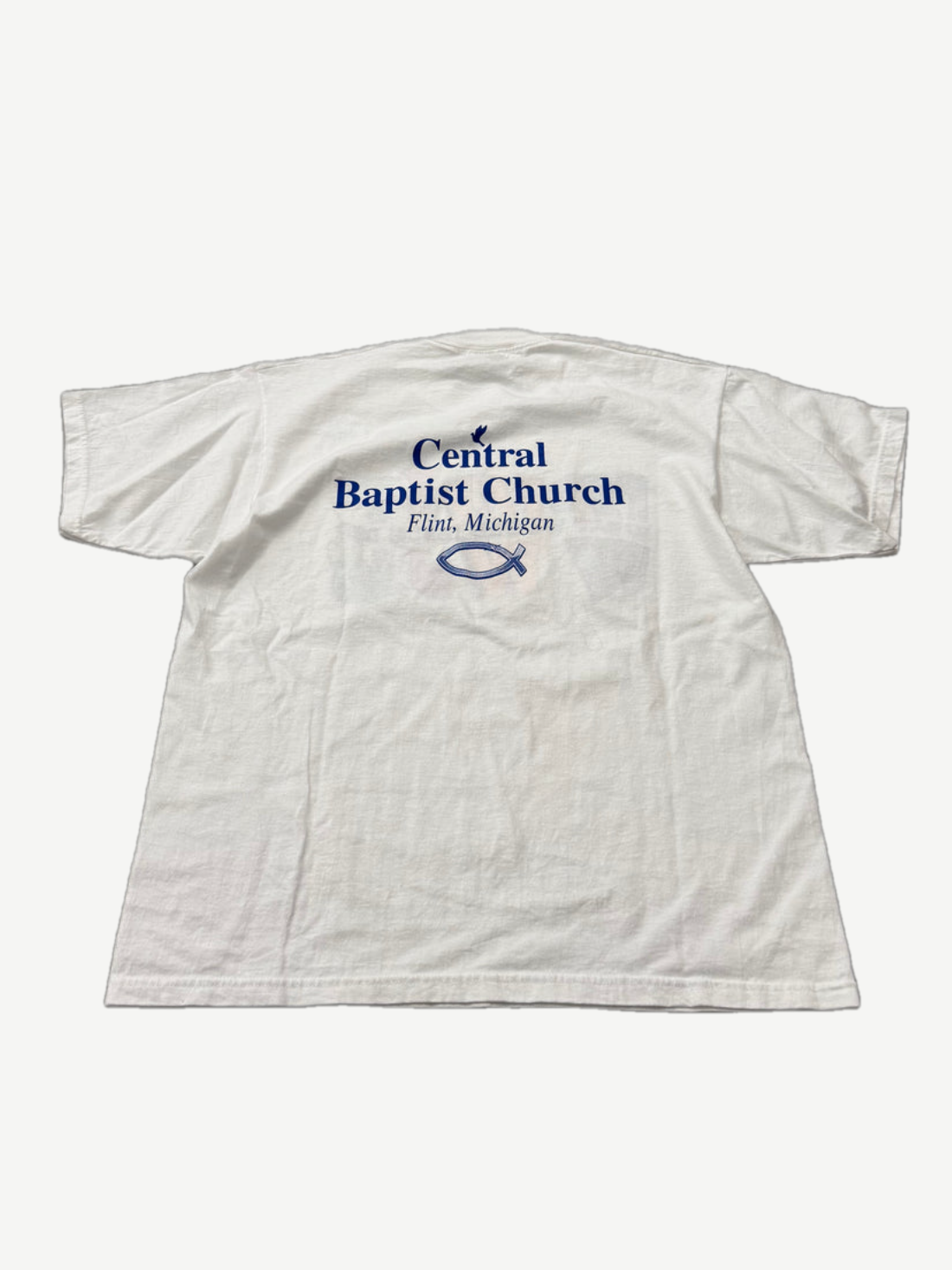 Back of vintage white WWJD tee with Central Baptist Church Flint Michigan print and Ichthys fish symbol