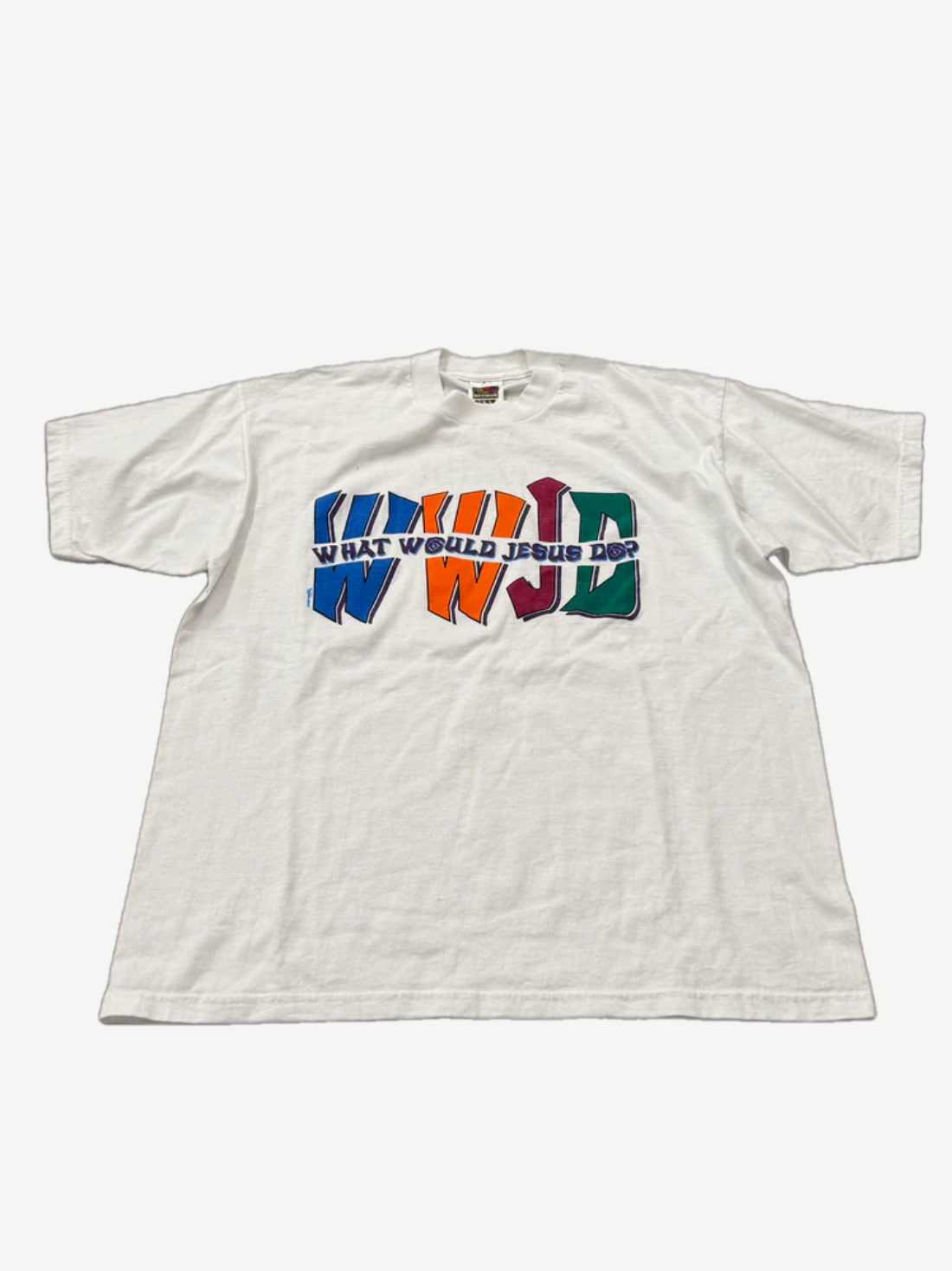 Vintage white WWJD tee with multicolor block-letter What Would Jesus Do chest graphic, front view