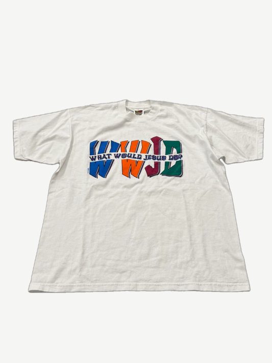 Vintage white WWJD tee with multicolor block-letter What Would Jesus Do chest graphic, front view