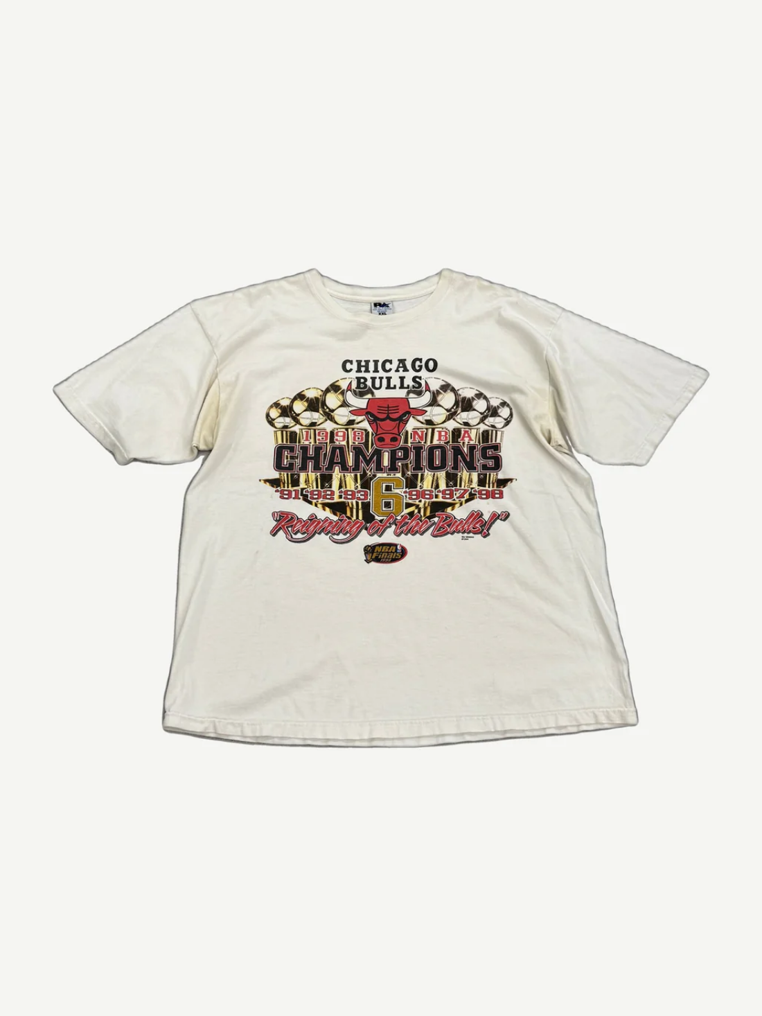 Vintage white Chicago Bulls 1998 NBA Champions tee front, classic bull logo with championship text