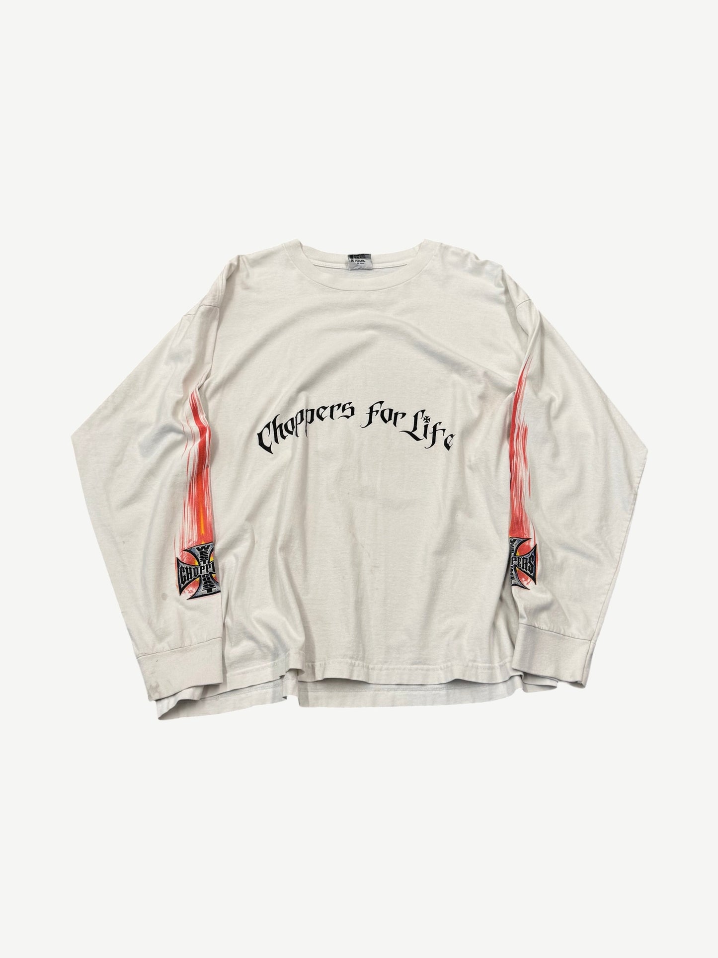 Vintage West Coast Choppers white longsleeve front with Choppers For Life arched text and red flame sleeve graphics