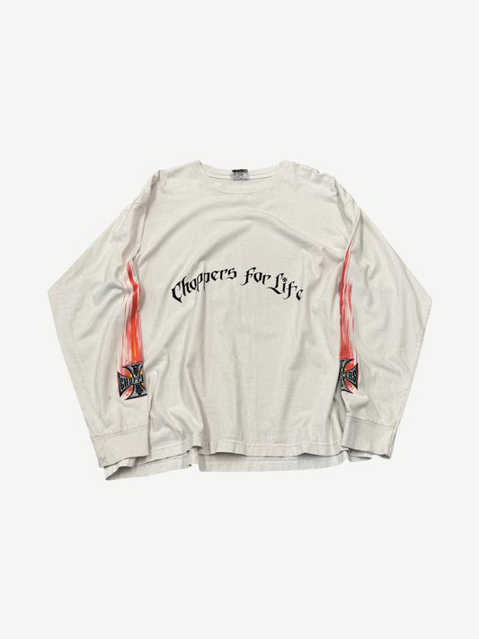 Vintage West Coast Choppers white longsleeve front with Choppers For Life arched text and red flame sleeve graphics