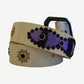 Vintage white leather belt coiled with purple suede inlay panels, black bead studs and silver flower medallions