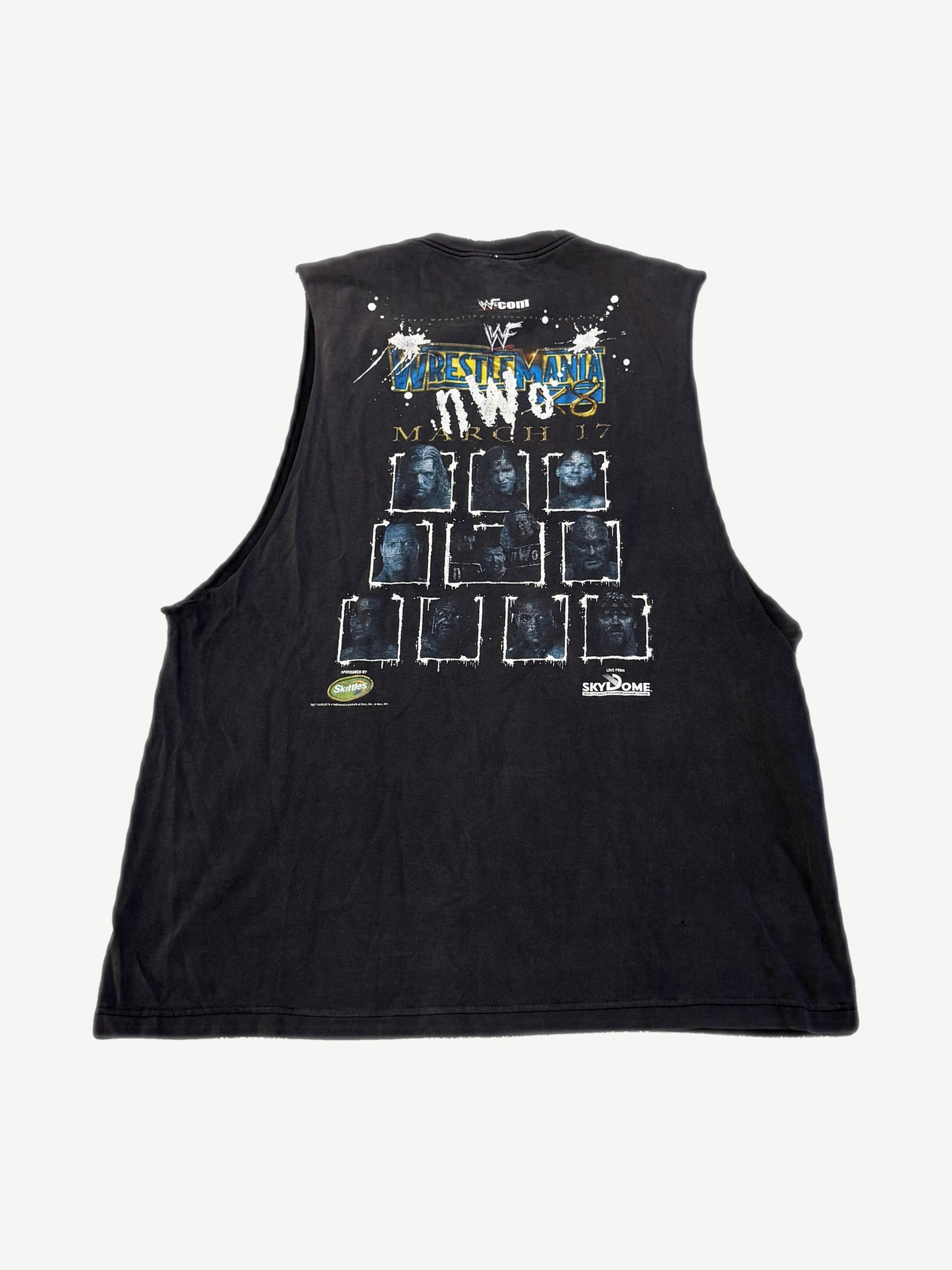 Vintage WWF Wrestlemania NWO cutoff tee back with wrestler portrait grid and March 17 SkyDome date
