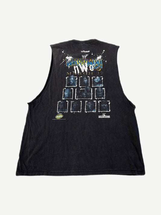 Vintage WWF Wrestlemania NWO cutoff tee back with wrestler portrait grid and March 17 SkyDome date