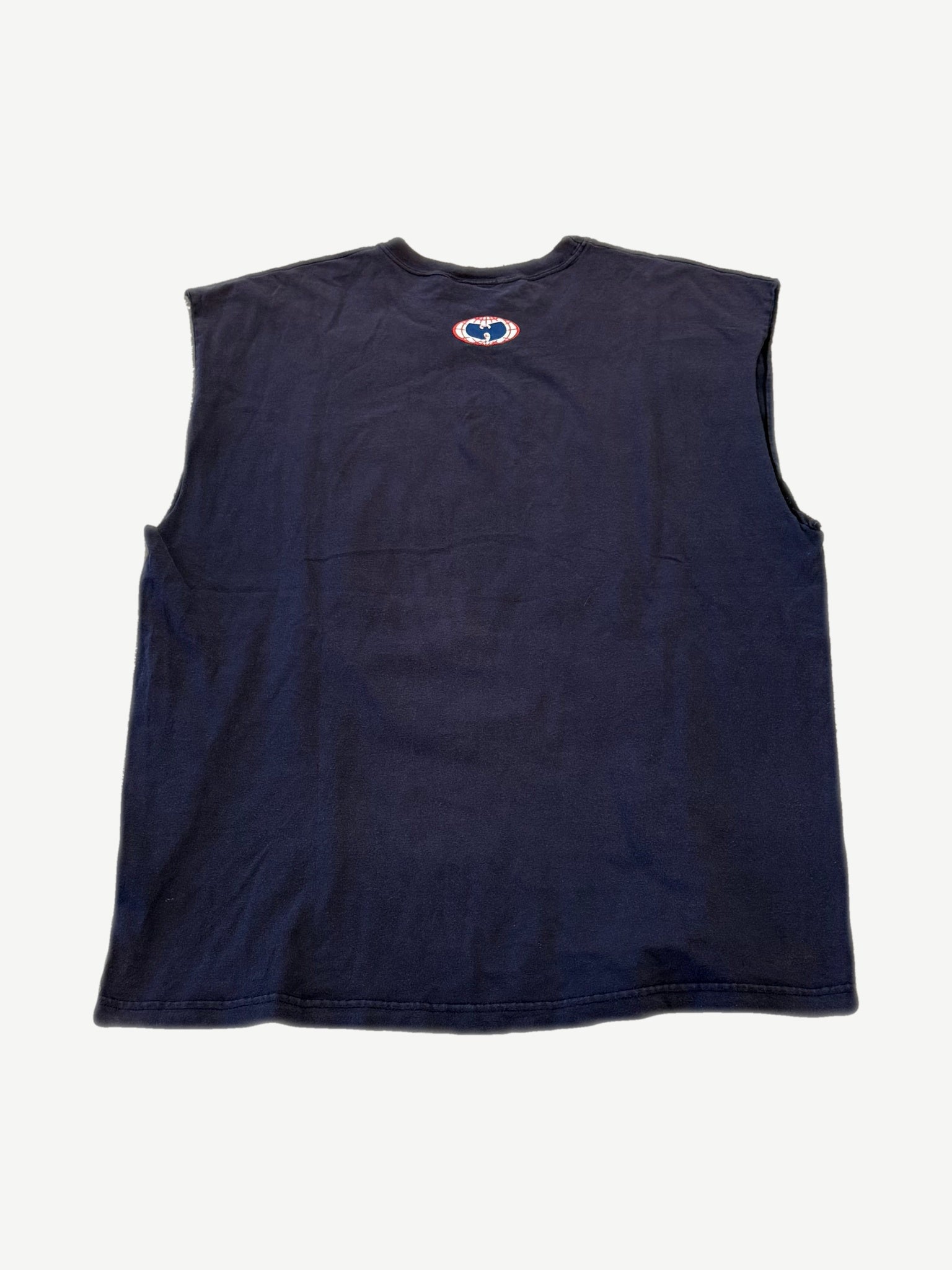 Vintage Wu Wear Worldwide Performance cutoff tee back view in navy with small Wu-Tang globe logo at upper back.