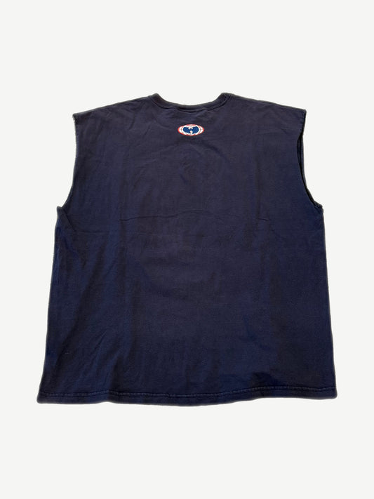 Vintage Wu Wear Worldwide Performance cutoff tee back view in navy with small Wu-Tang globe logo at upper back.