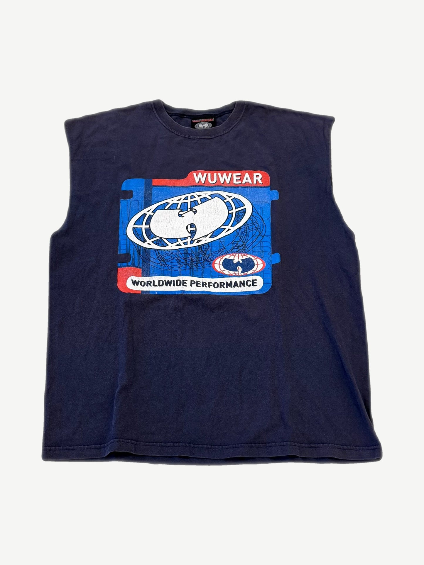 Vintage Wu-Tang Clan Wu Wear Worldwide Performance cutoff tee in navy with red, blue and white globe logo chest print.