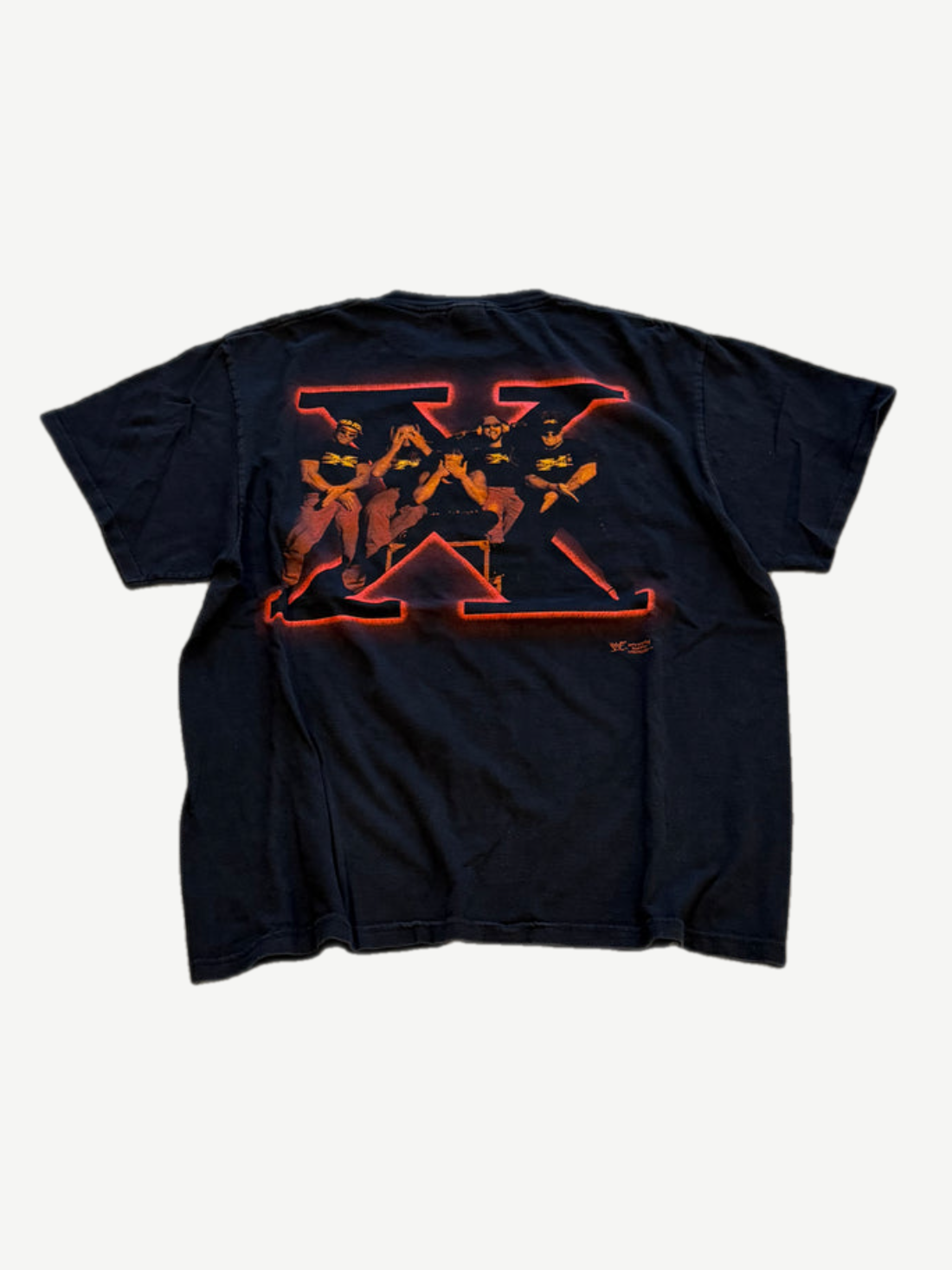 Vintage WWF D-Generation X tee back view, red outlined DX logo with wrestler silhouette graphics