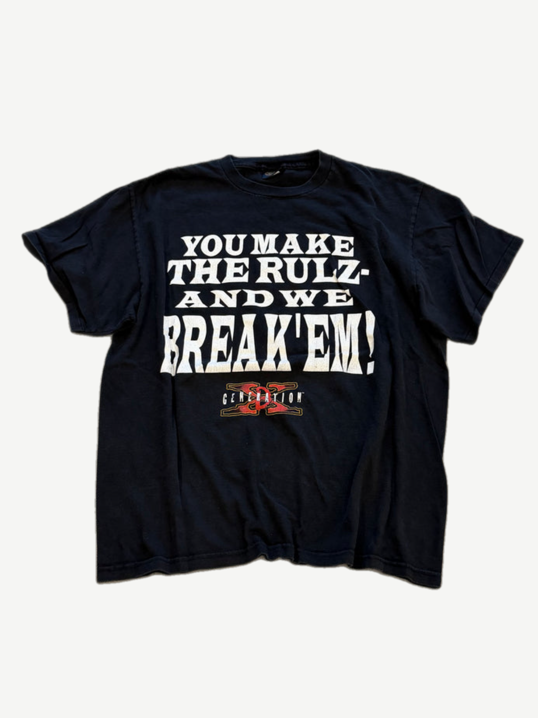 Vintage WWF D-Generation X wrestling tee front, black shirt with You Make The Rulz block text