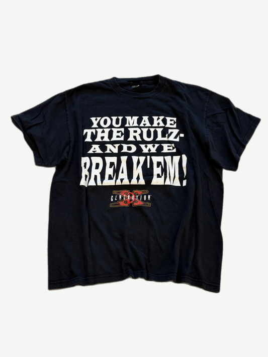 Vintage WWF D-Generation X wrestling tee front, black shirt with You Make The Rulz block text